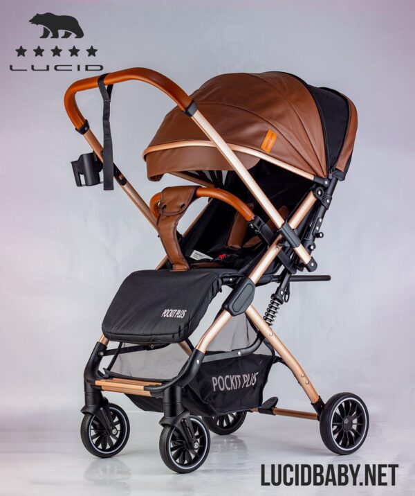 Luxury Baby Stroller Handle with Umbrella and Leather Cover from Lucid Baby – POCKIT PLUS – Brown